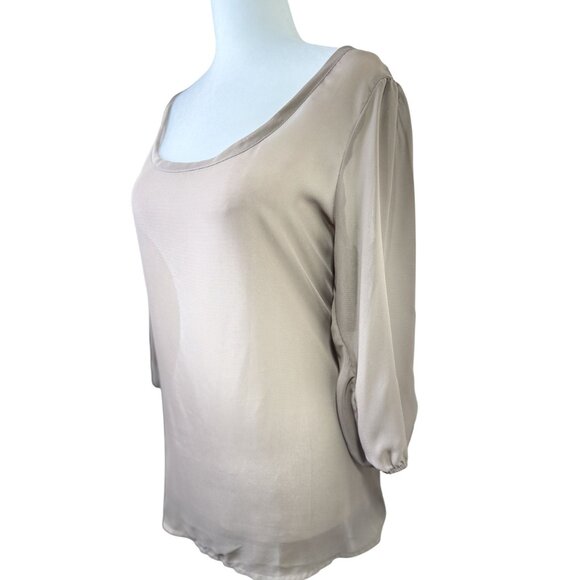 Poetry Size M Sheer Beige Open Back Blouse With Tie Waist & 3/4 Sleeves Womens - Picture 8 of 10